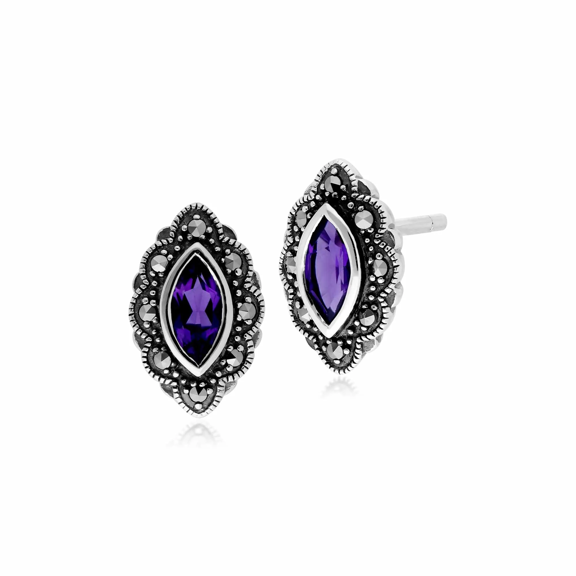 Gemondo Sterling Silver Amethyst & Marcasite Art Nouveau Stud Earrings sold by Gemondo Jewellery