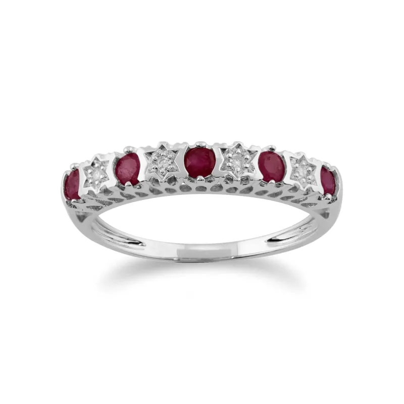 Classic Round Ruby & Diamond Half Eternity Ring in 9ct White Gold sold by Gemondo Jewellery