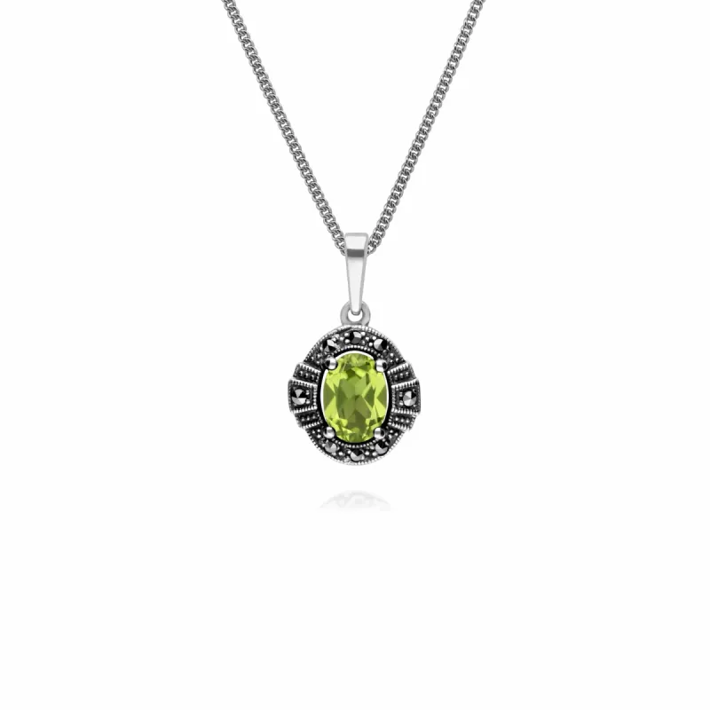 Art Deco Style Oval Peridot & Marcasite Halo Pendant in 925 Sterling Silver sold by Gemondo Jewellery