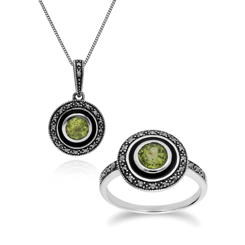 Art Deco Style Round Peridot, Marcasite & Black Enamel Pendant & Ring Set in 925 Sterling Silver sold by Gemondo Jewellery