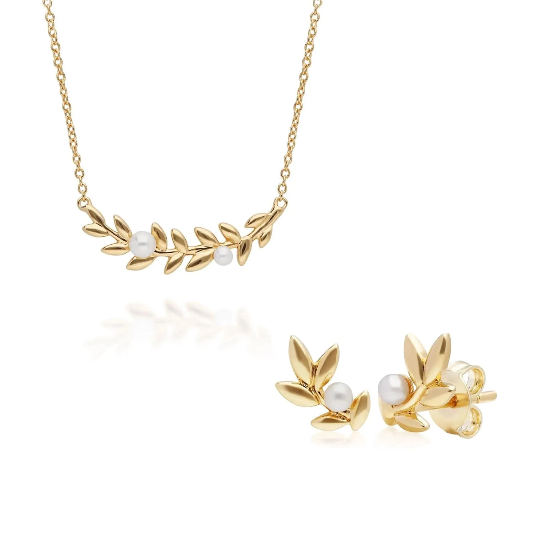 O Leaf Pearl Necklace & Stud Earring Set in Gold Plated 925 Sterling Silver sold by Gemondo Jewellery