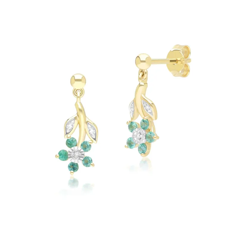 Floral Emerald & Diamond Drop Earrings in 9ct Yellow Gold sold by Gemondo Jewellery
