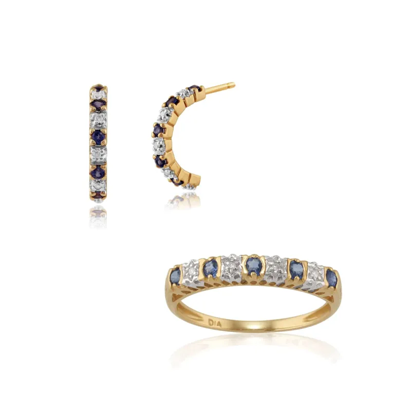 Classic Round Sapphire & Diamond Half Hoop Earrings & Half Eternity Ring Set in 9ct Yellow Gold sold by Gemondo Jewellery
