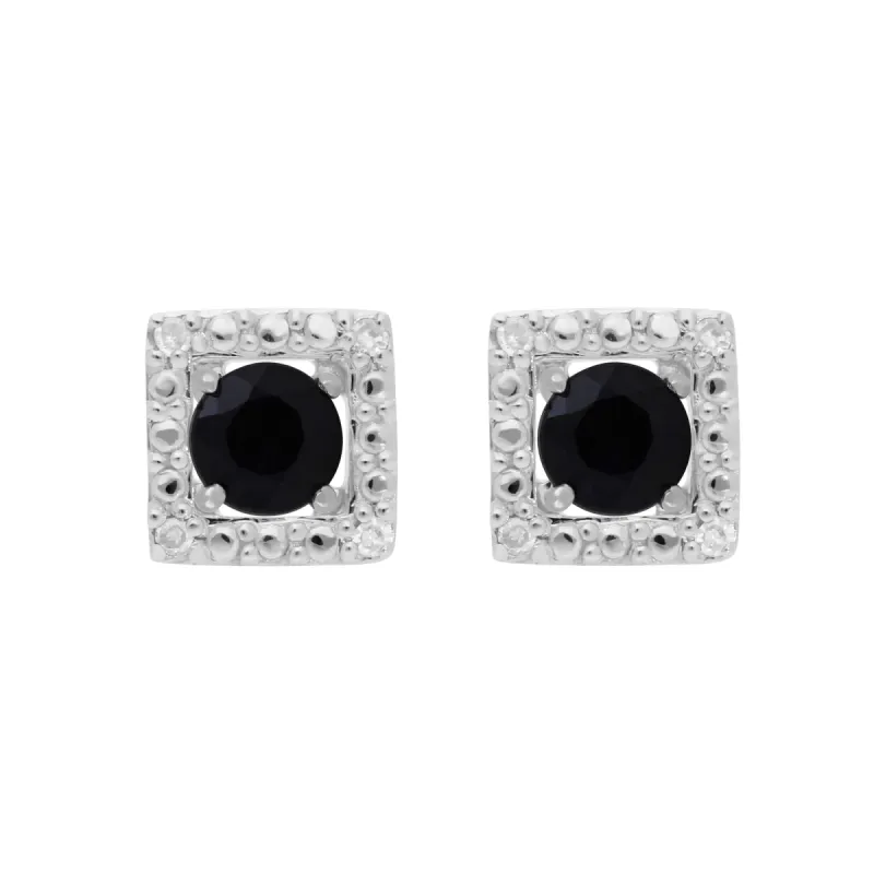 Classic Round Dark Blue Sapphire Studs with Detachable Diamond Square Ear Jacket in 9ct White Gold sold by Gemondo Jewellery