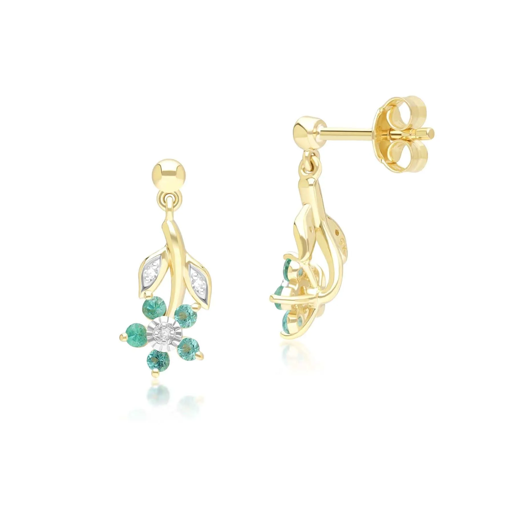 Floral Emerald & Diamond Drop Earrings in 9ct Yellow Gold sold by Gemondo Jewellery product image thumbnail 3