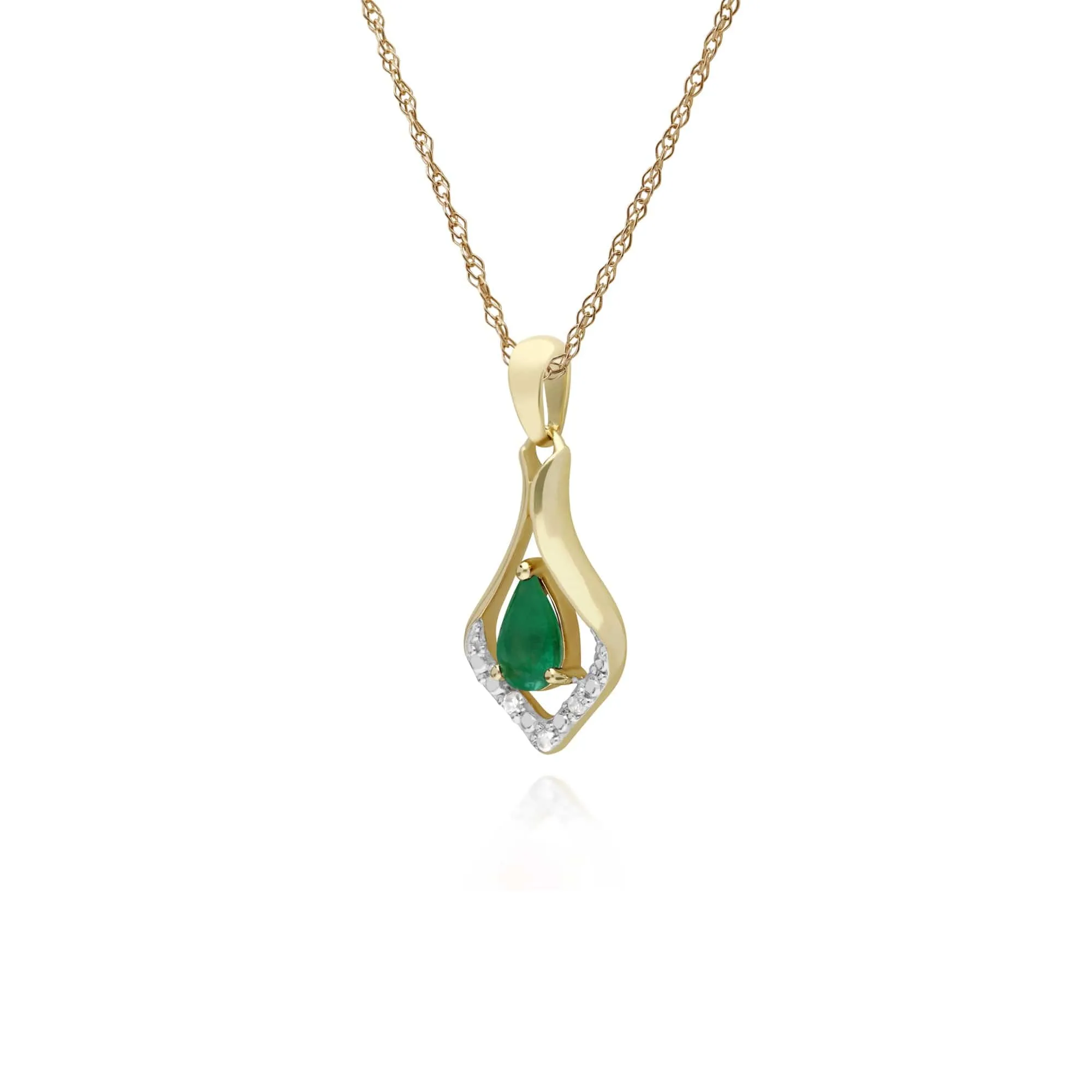 Classic Pear Emerald & Three Diamond Leaf Halo Pendant in 9ct Gold sold by Gemondo Jewellery product image thumbnail 4