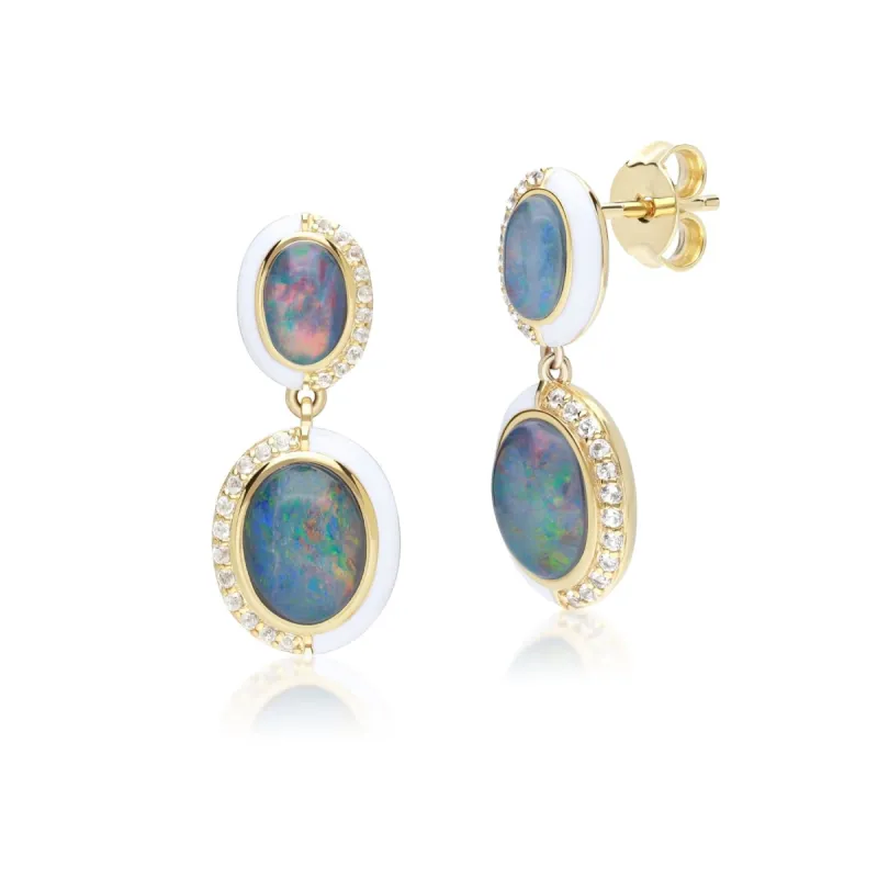 Siberian Waltz Triplet Opal & White Topaz Drop Earrings in Gold Plated Sterling Silver sold by Gemondo Jewellery