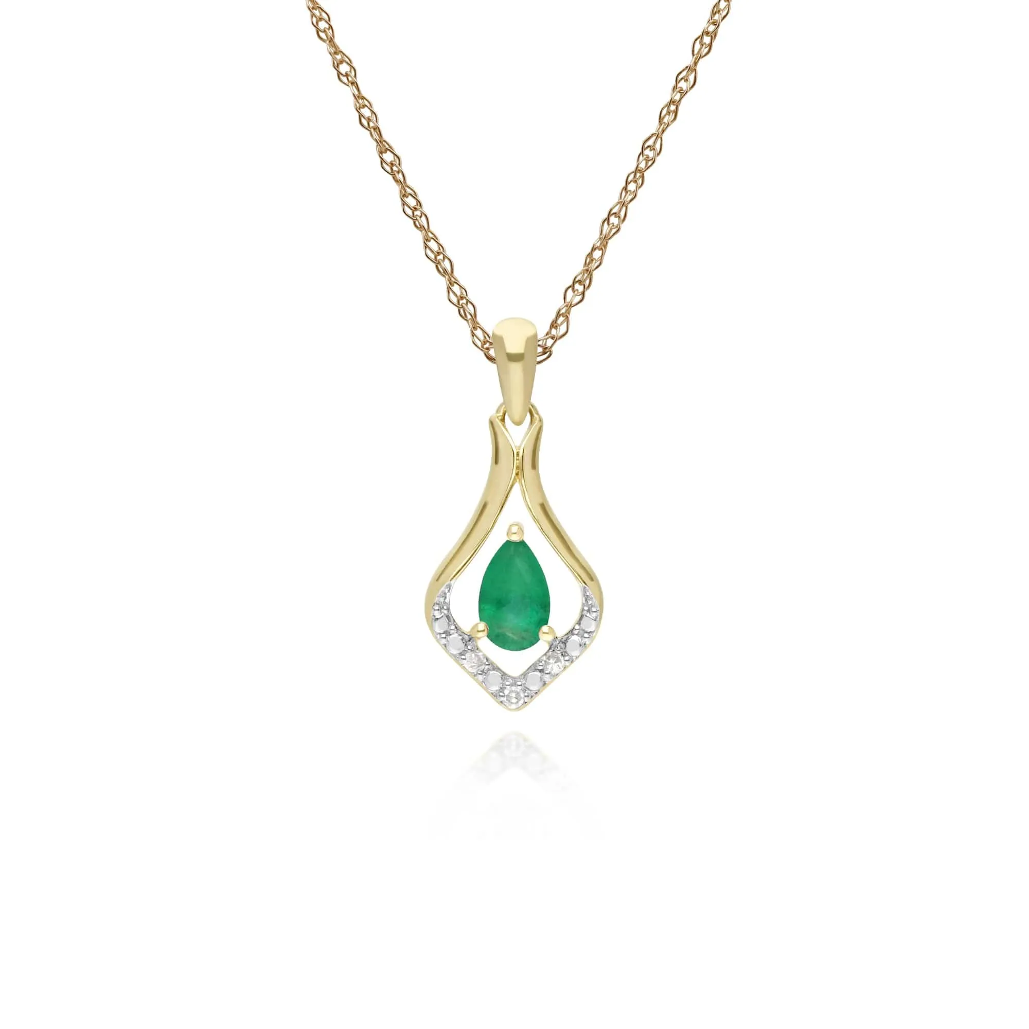 Classic Pear Emerald & Three Diamond Leaf Halo Pendant in 9ct Gold sold by Gemondo Jewellery