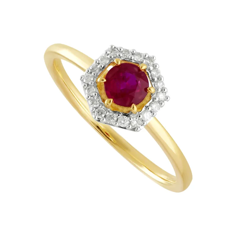 18ct Yellow Gold 0.48ct Ruby & Diamond Halo Engagement Ring sold by Gemondo Jewellery