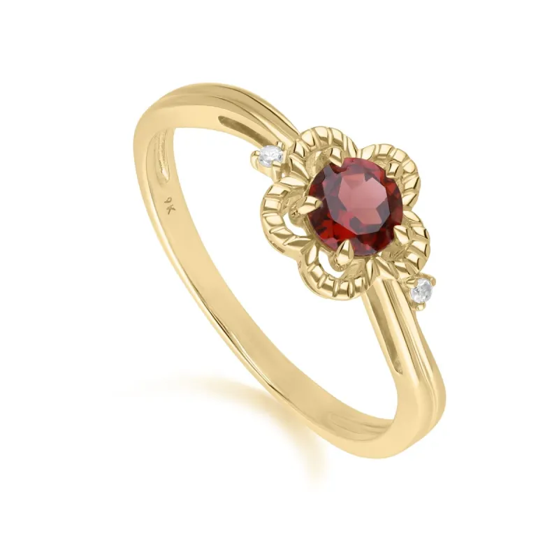 Floral Round Garnet & Diamond Ring in 9ct Yellow Gold sold by Gemondo Jewellery