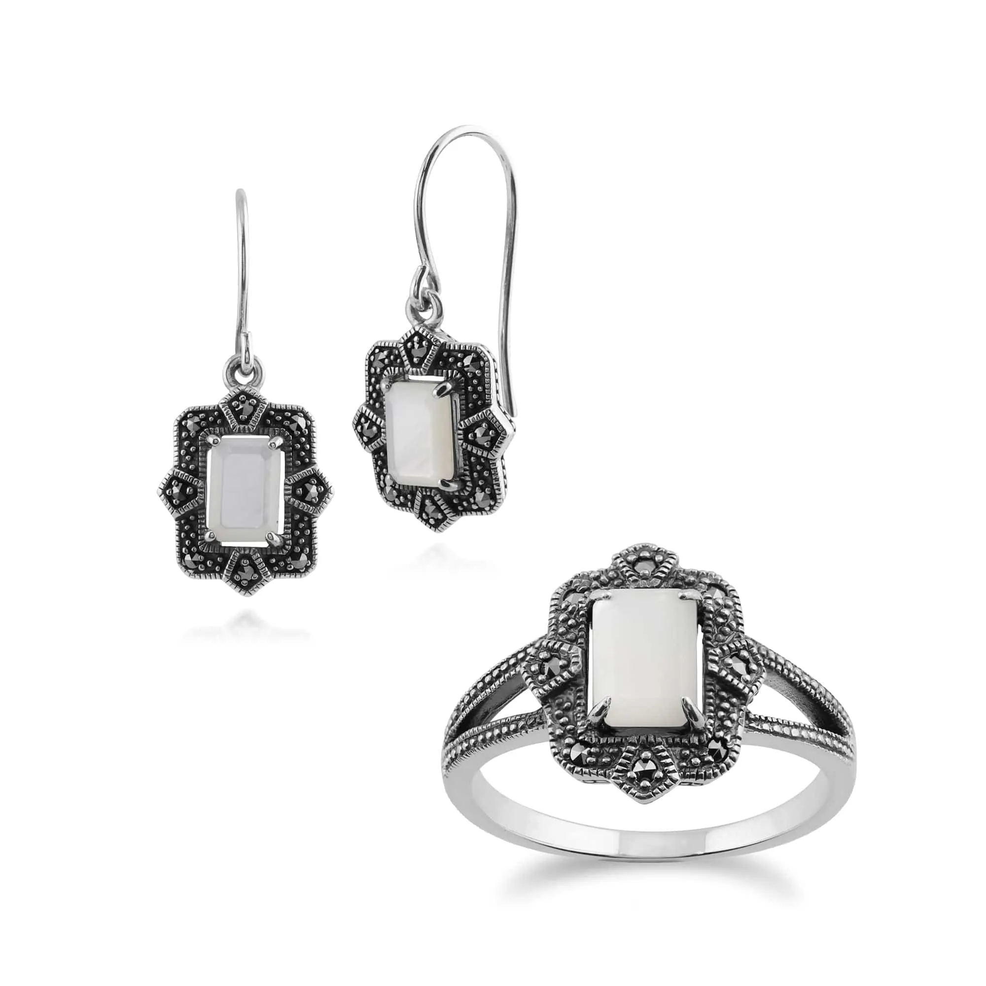 Art Deco Style Baguette Mother of Pearl & Marcasite Framed Drop Earrings & Ring Set in 925 Sterling Silver sold by Gemondo Jewellery