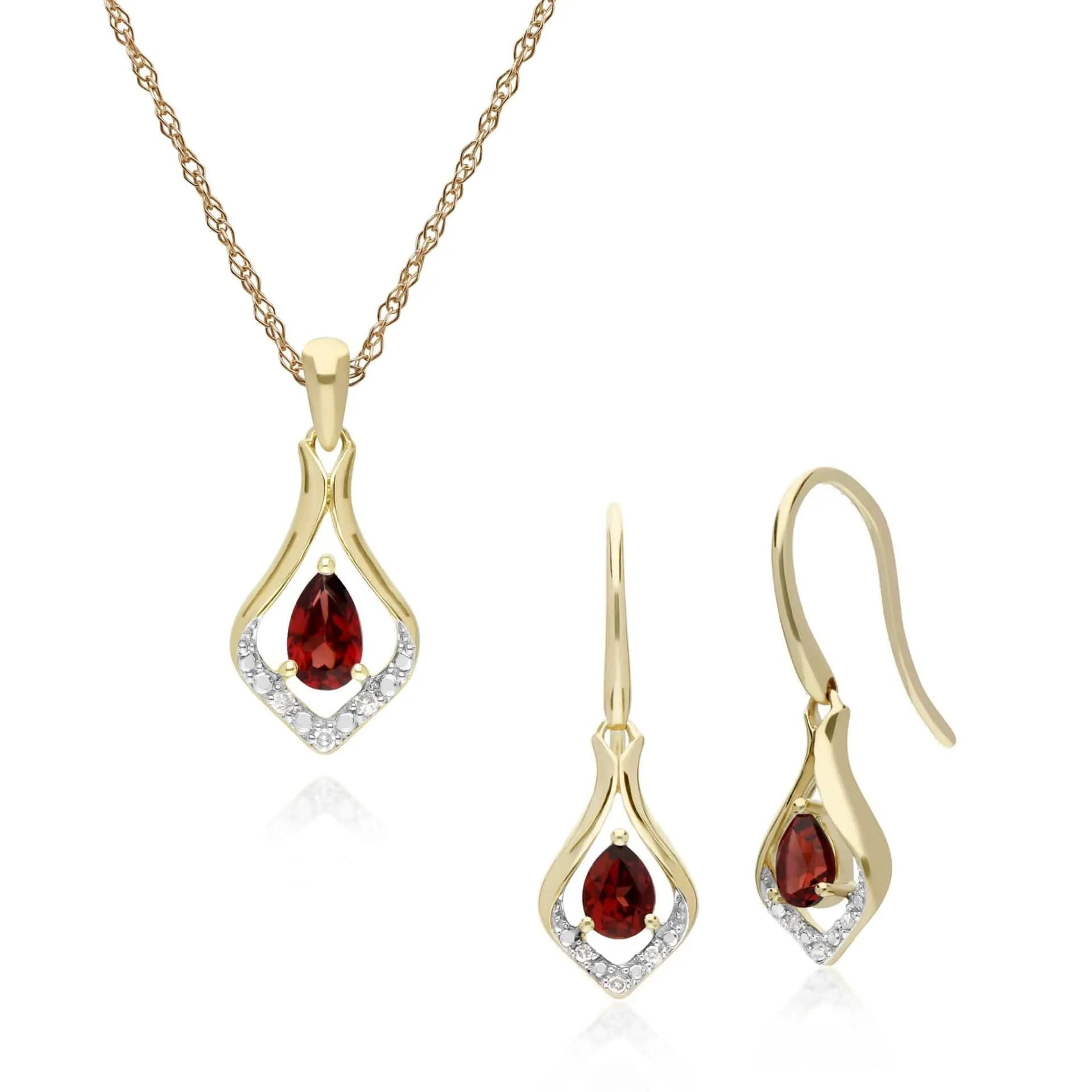 Classic Oval Garnet & Diamond Leaf Drop Earrings & Pendant Set in 9ct Yellow Gold sold by Gemondo Jewellery
