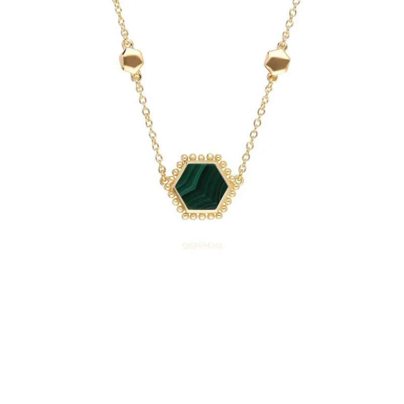 Malachite Flat Slice Hex Necklace in Gold Plated  Silver sold by Gemondo Jewellery