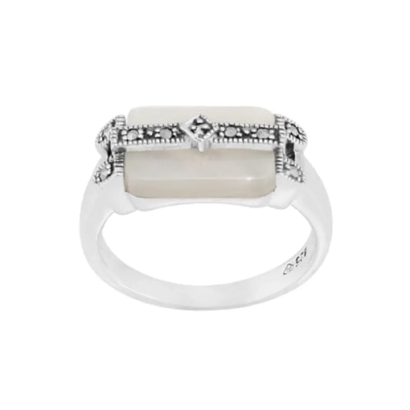 Art Deco Style Rectangle Mother of Pearl & Marcasite Bar Ring in 925 Sterling Silver sold by Gemondo Jewellery
