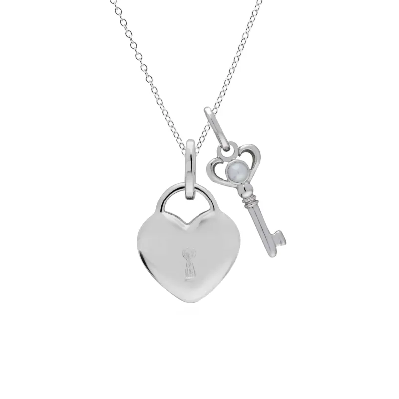 Classic Heart Lock Pendant & Pearl Key Charm in 925 Sterling Silver sold by Gemondo Jewellery