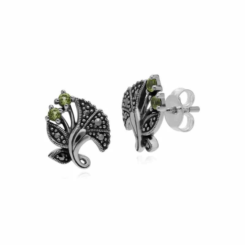 Gemondo Sterling Silver Peridot & Marcasite August Art Nouveau Stud Earrings sold by Gemondo Jewellery
