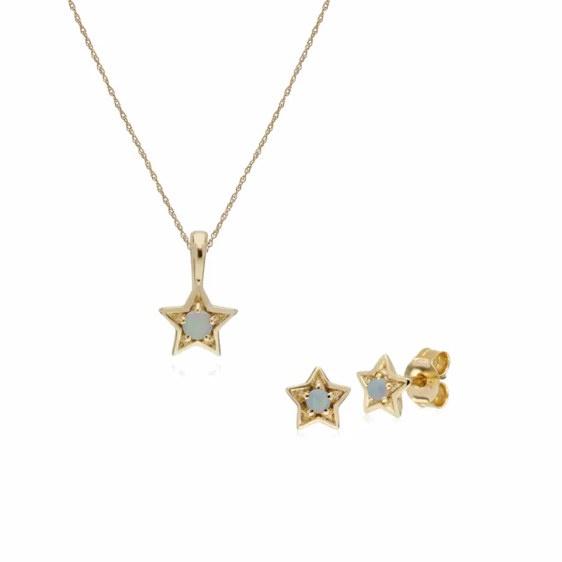 Contemporary Round Opal Single Stone Star Earrings & Necklace Set in 9ct Yellow Gold sold by Gemondo Jewellery