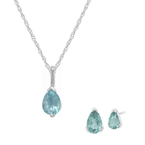 Classic Pear Blue Topaz Single Stone Stud Earrings & Pendant Set in 9ct White Gold sold by Gemondo Jewellery