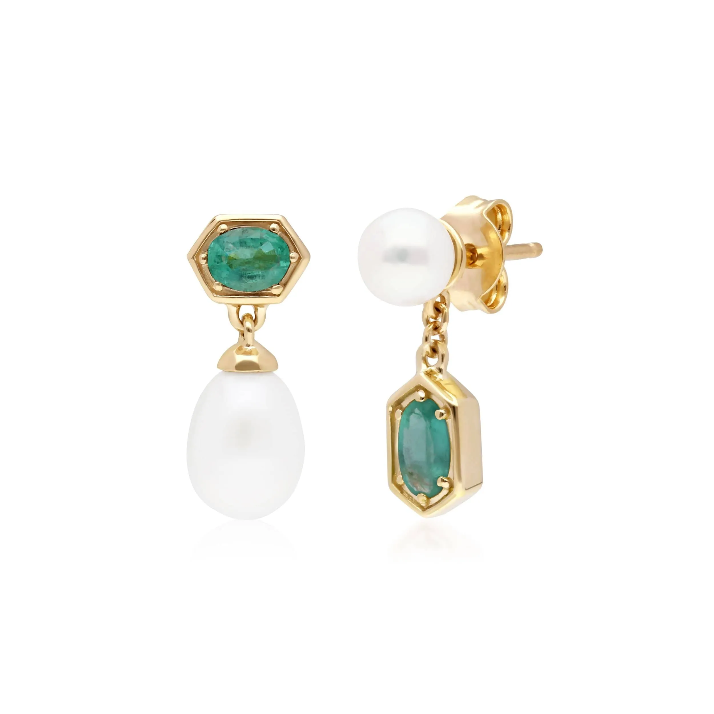 Modern Pearl & Emerald Mismatched Drop Earrings in Gold Plated Silver sold by Gemondo Jewellery
