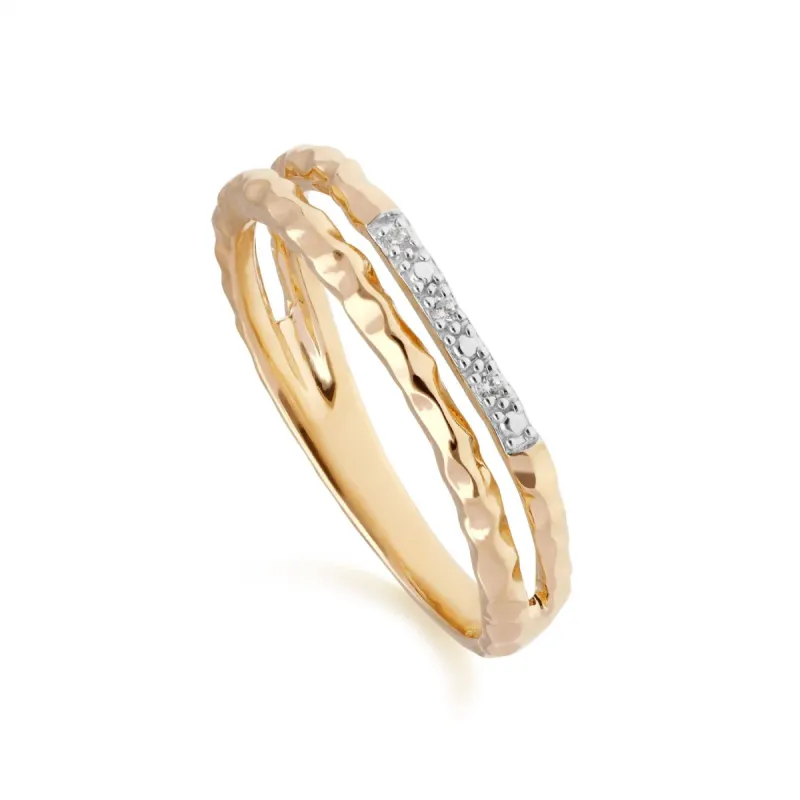 Diamond Pavé Hammered Double Band Ring in 9ct Yellow Gold sold by Gemondo Jewellery
