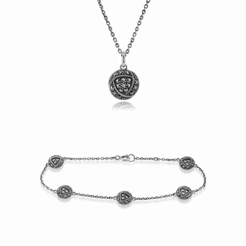 Rennie Mackintosh Inspired Round Marcasite Glasgow Rose Pendant & Bracelet Set in 925 Sterling Silver sold by Gemondo Jewellery