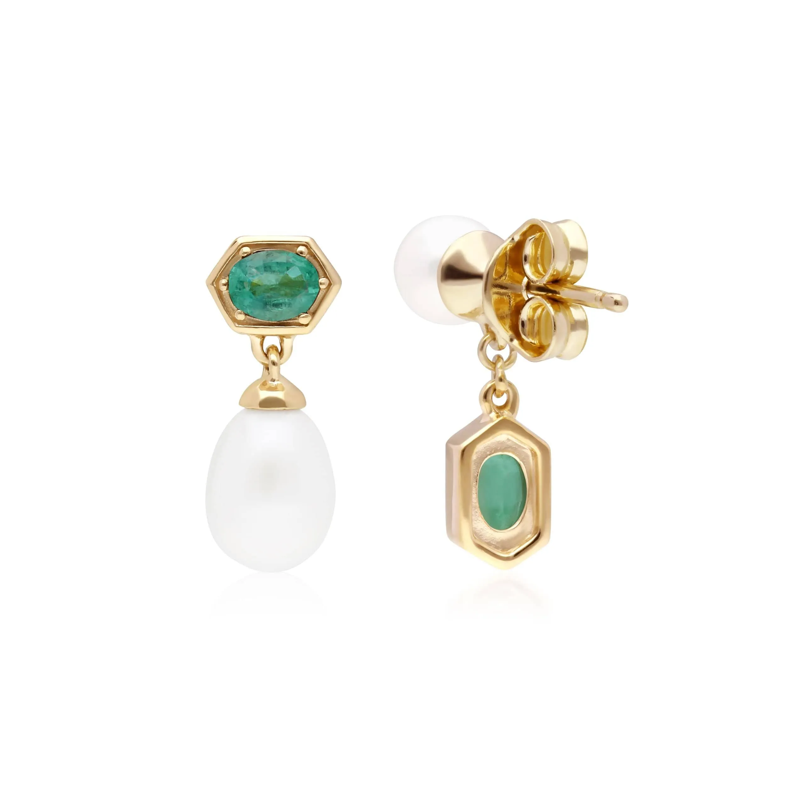 Modern Pearl & Emerald Mismatched Drop Earrings in Gold Plated Silver sold by Gemondo Jewellery product image thumbnail 2