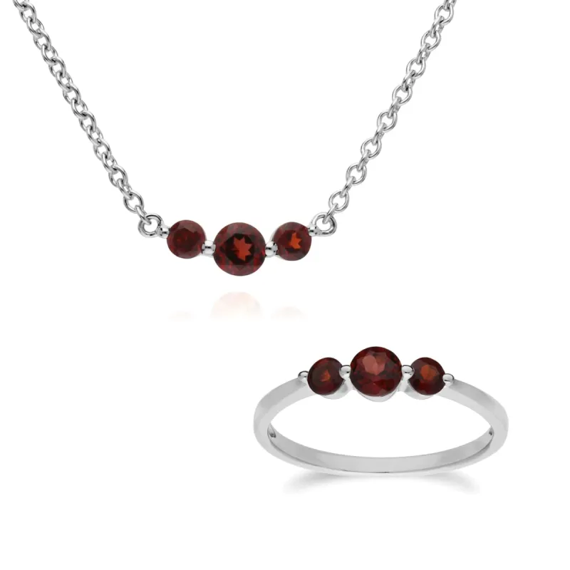 Classic Round Garnet Three Stone Gradient Ring & Necklace Set in 925 Sterling Silver sold by Gemondo Jewellery