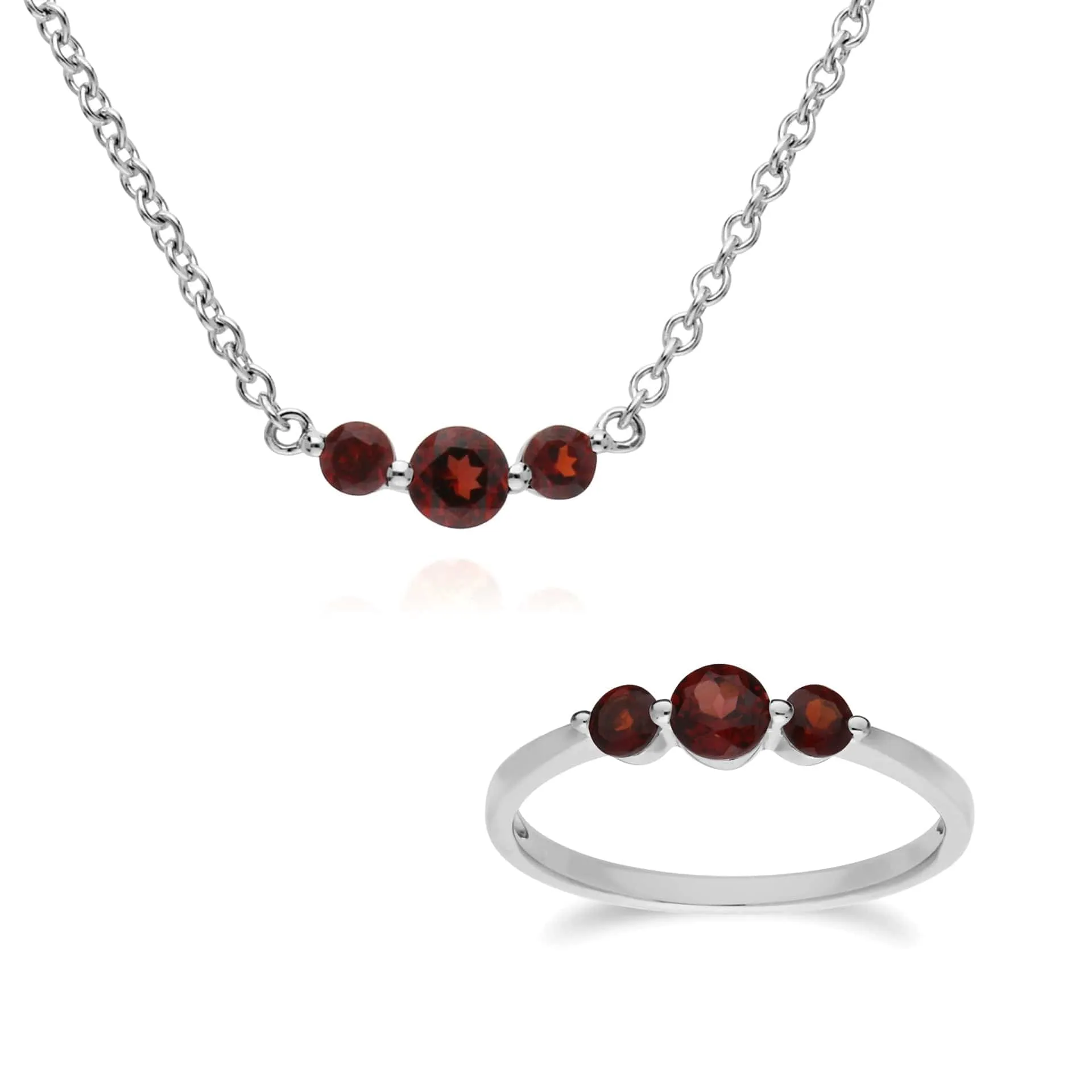 Classic Round Garnet Three Stone Gradient Ring & Necklace Set in 925 Sterling Silver sold by Gemondo Jewellery