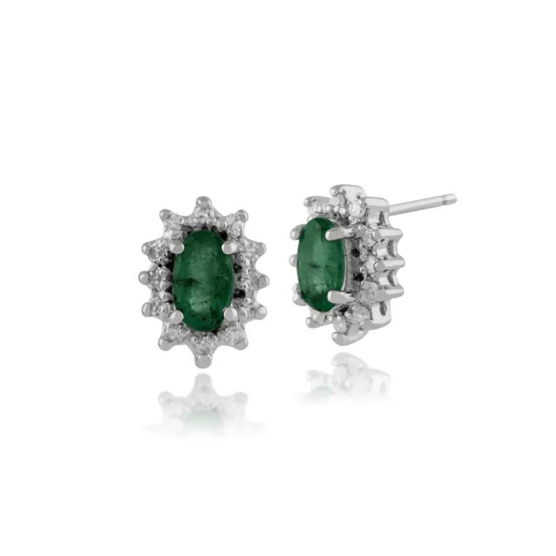 Classic Oval Emerald & Diamond Cluster Stud Earrings in 9ct White Gold sold by Gemondo Jewellery