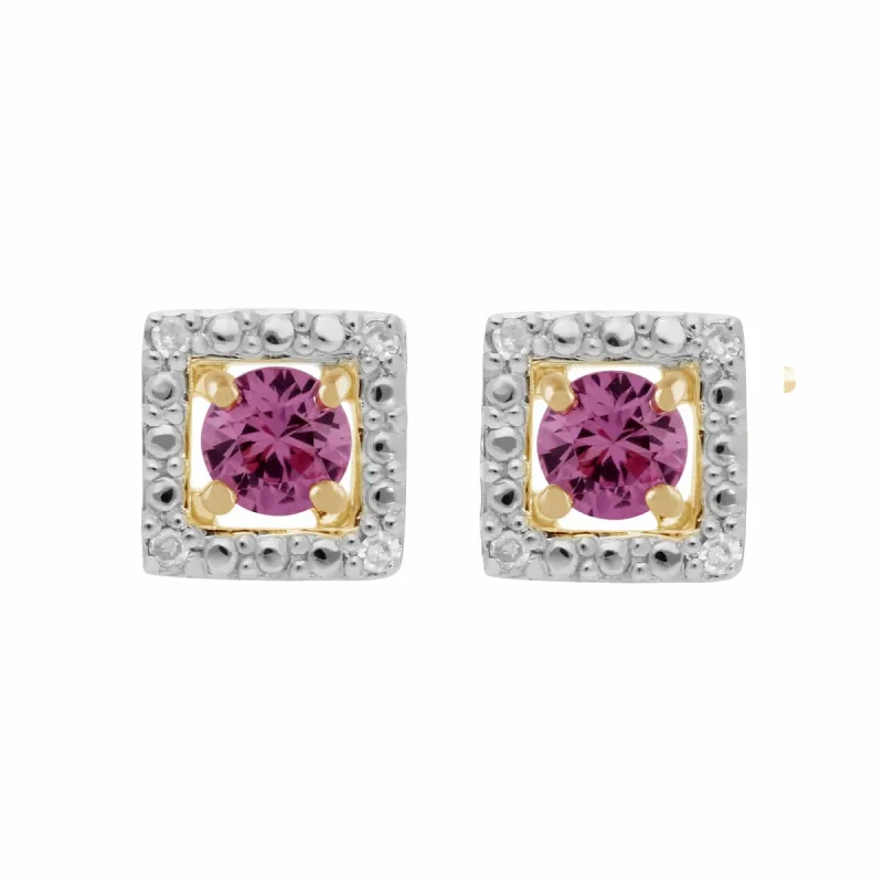 Classic Round Pink Sapphire Stud Earrings with Detachable Diamond Square Earrings Jacket Set in 9ct Yellow Gold sold by Gemondo Jewellery