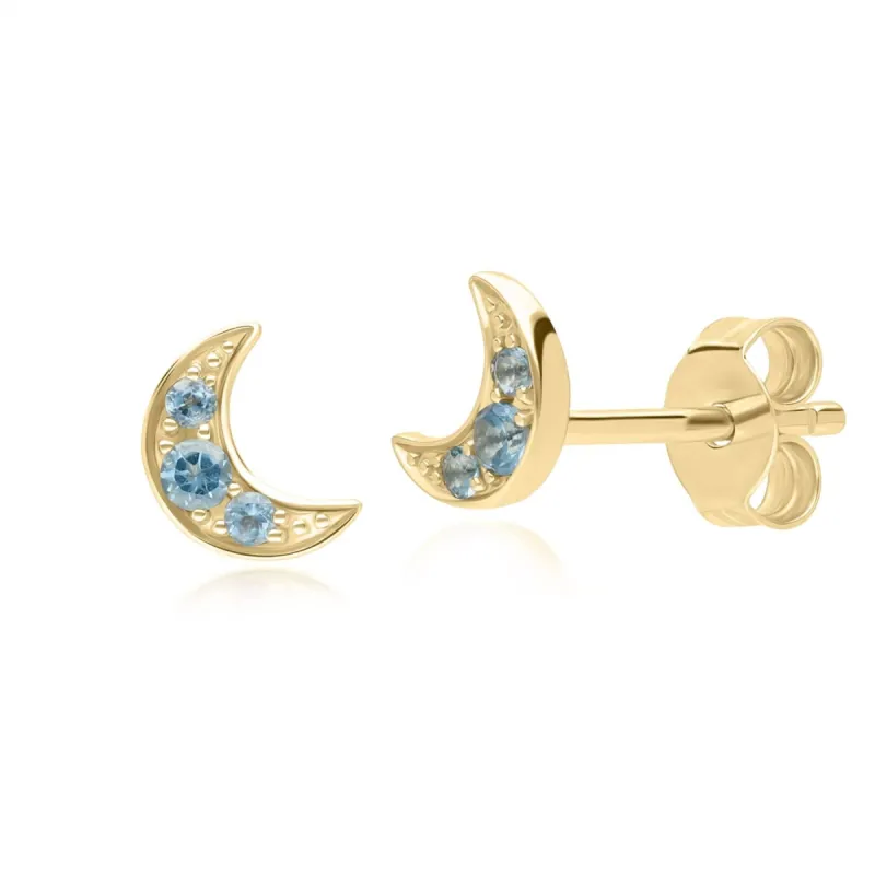 Night Sky London Blue Topaz Moon Stud Earrings in 9ct Yellow Gold sold by Gemondo Jewellery