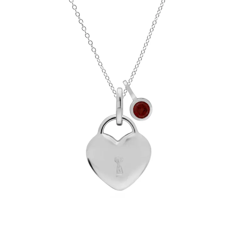 Classic Heart Lock Pendant & Garnet Charm in 925 Sterling Silver sold by Gemondo Jewellery
