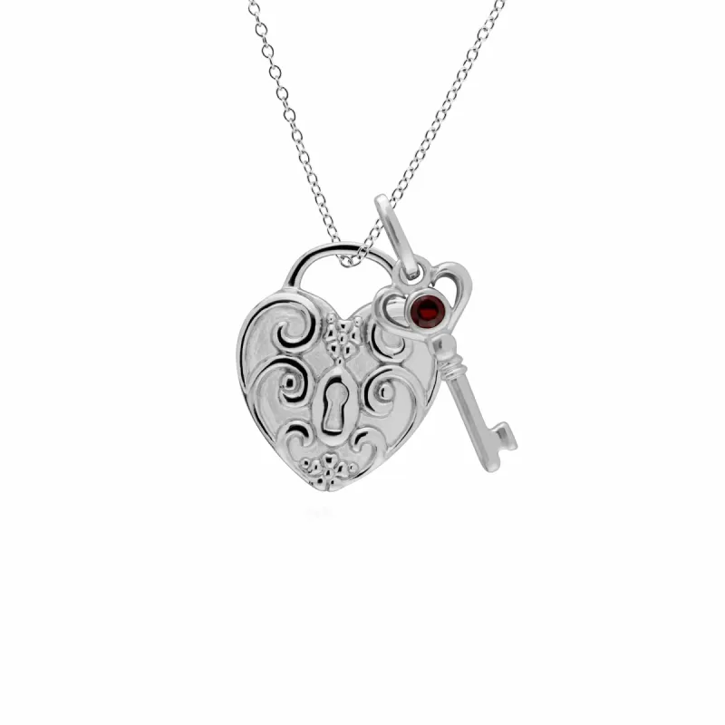 Classic Swirl Heart Lock Pendant & Garnet Key Charm in 925 Sterling Silver sold by Gemondo Jewellery