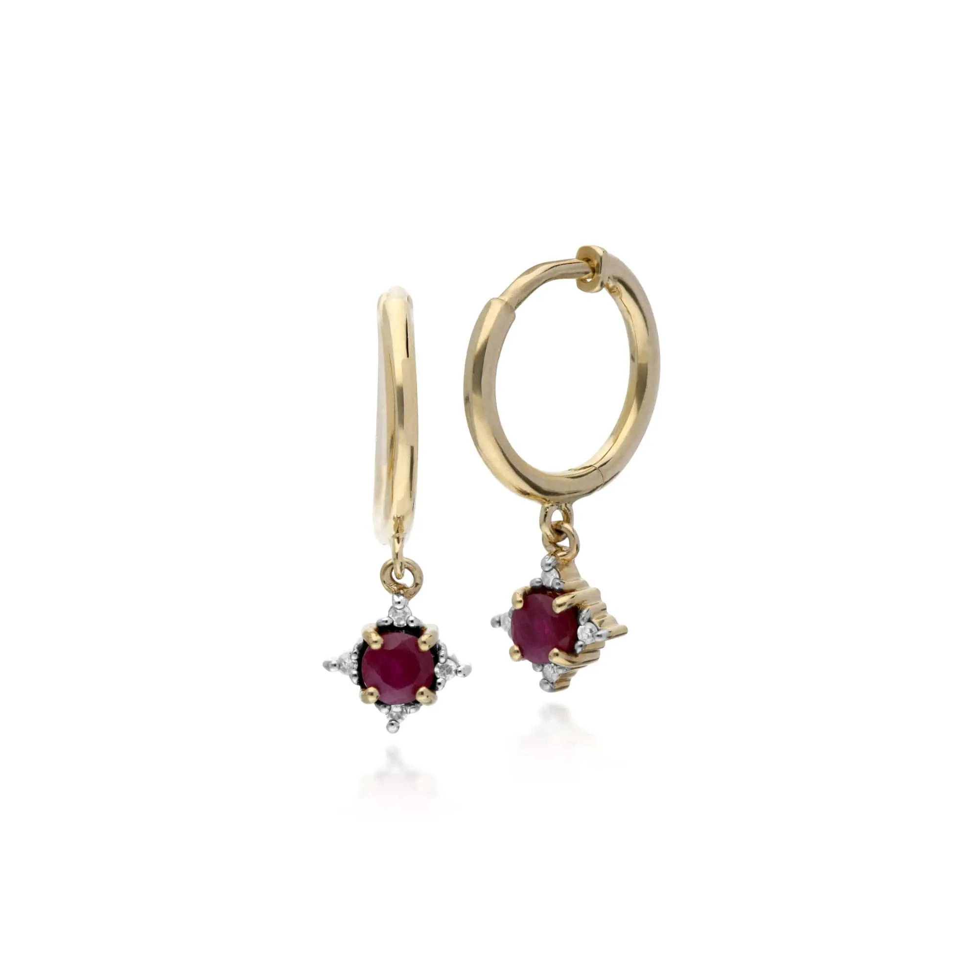Classic Round Ruby & Diamond Hinged Hoop Earrings in 9ct Yellow Gold sold by Gemondo Jewellery