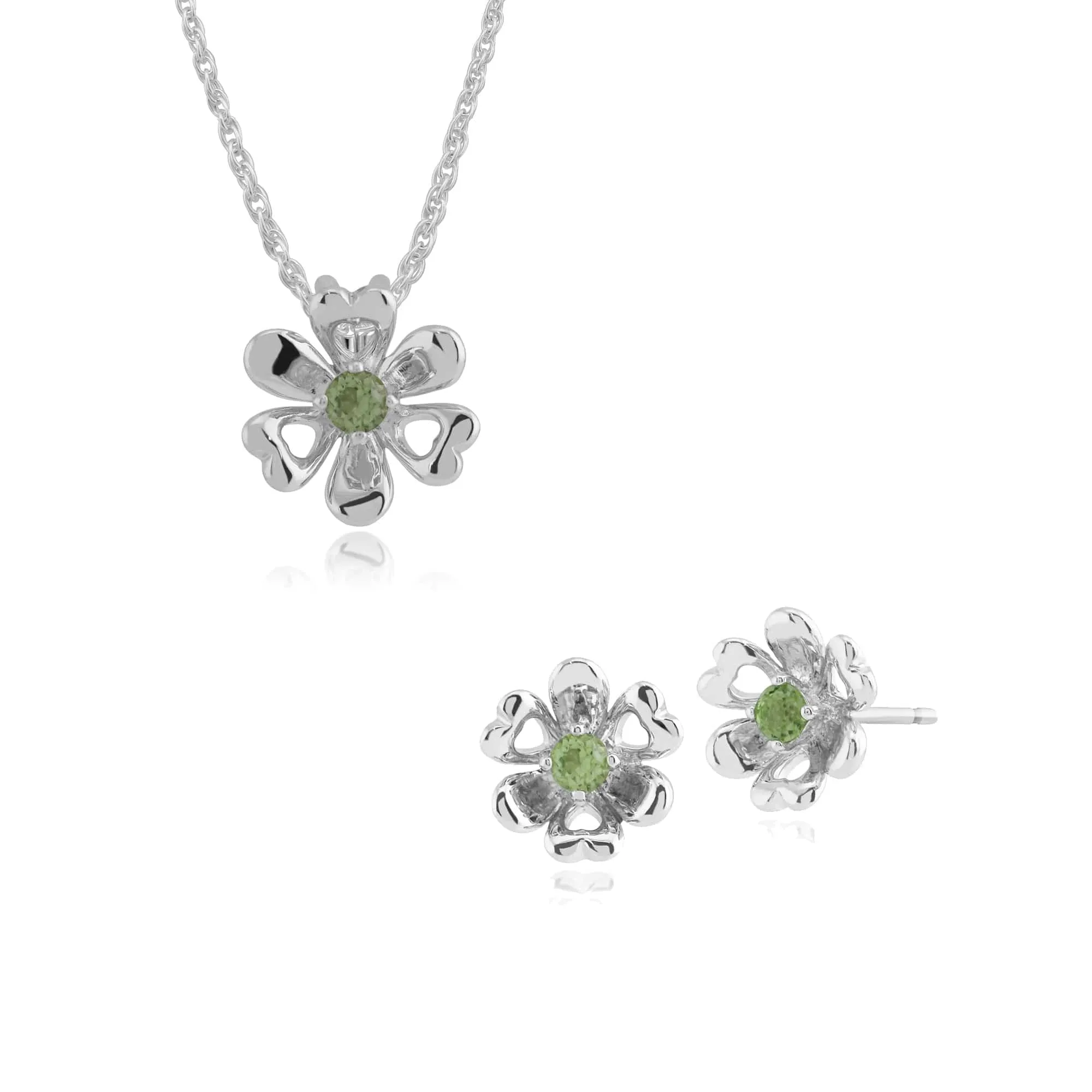 Floral Round Peridot Daisy Flower Stud Earrings & Pendant Set in 925 Sterling Silver sold by Gemondo Jewellery