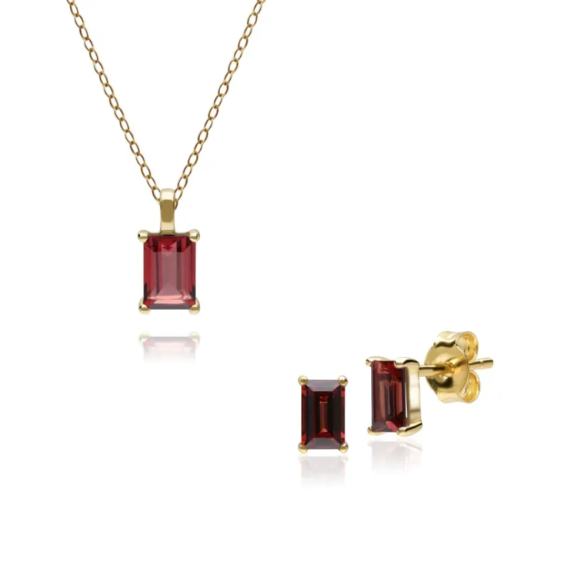 Classic Garnet Baguette Stud Earrings & Necklace Set in 9ct Yellow Gold sold by Gemondo Jewellery