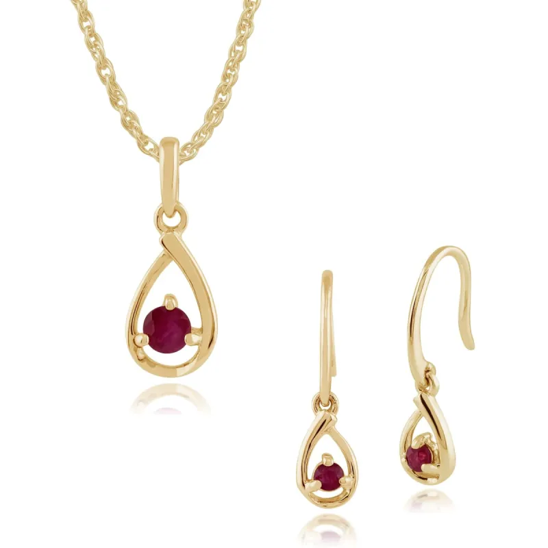 Classic Round Ruby 9ct Yellow Gold Drop Earrings & Pendant Set sold by Gemondo Jewellery