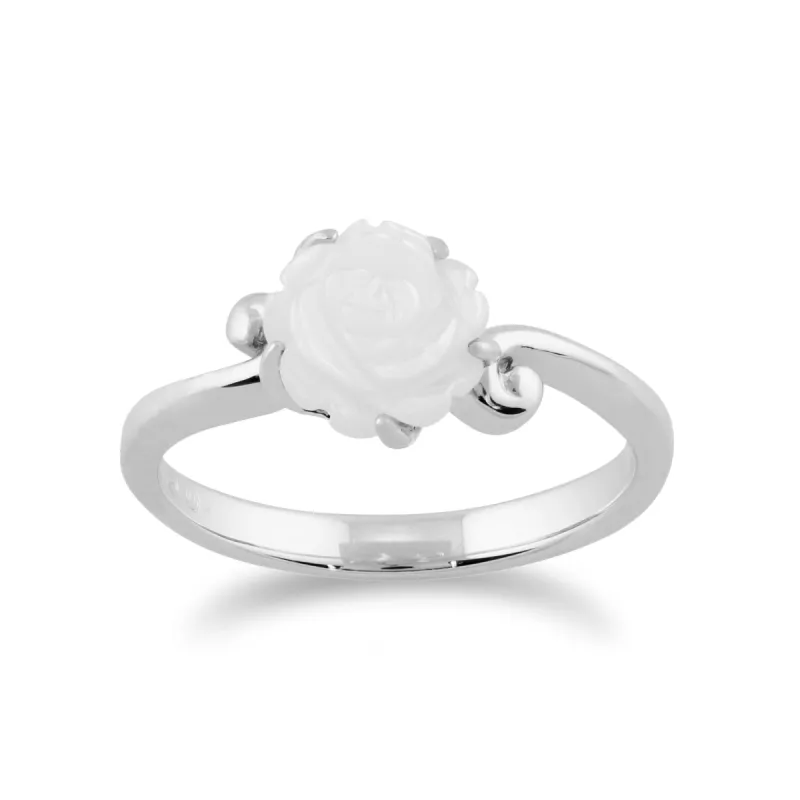 Floral Carved Mother of Pearl Rose Ring in 925 Sterling Silver sold by Gemondo Jewellery