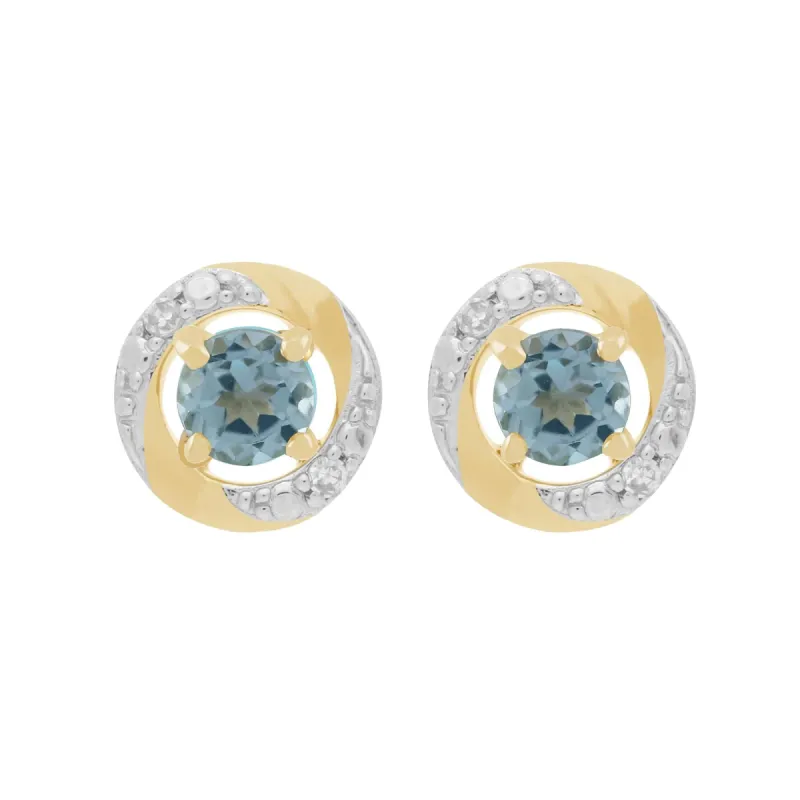 Classic Round Blue Topaz Stud Earrings with Detachable Diamond Halo Ear Jacket in 9ct Yellow Gold sold by Gemondo Jewellery