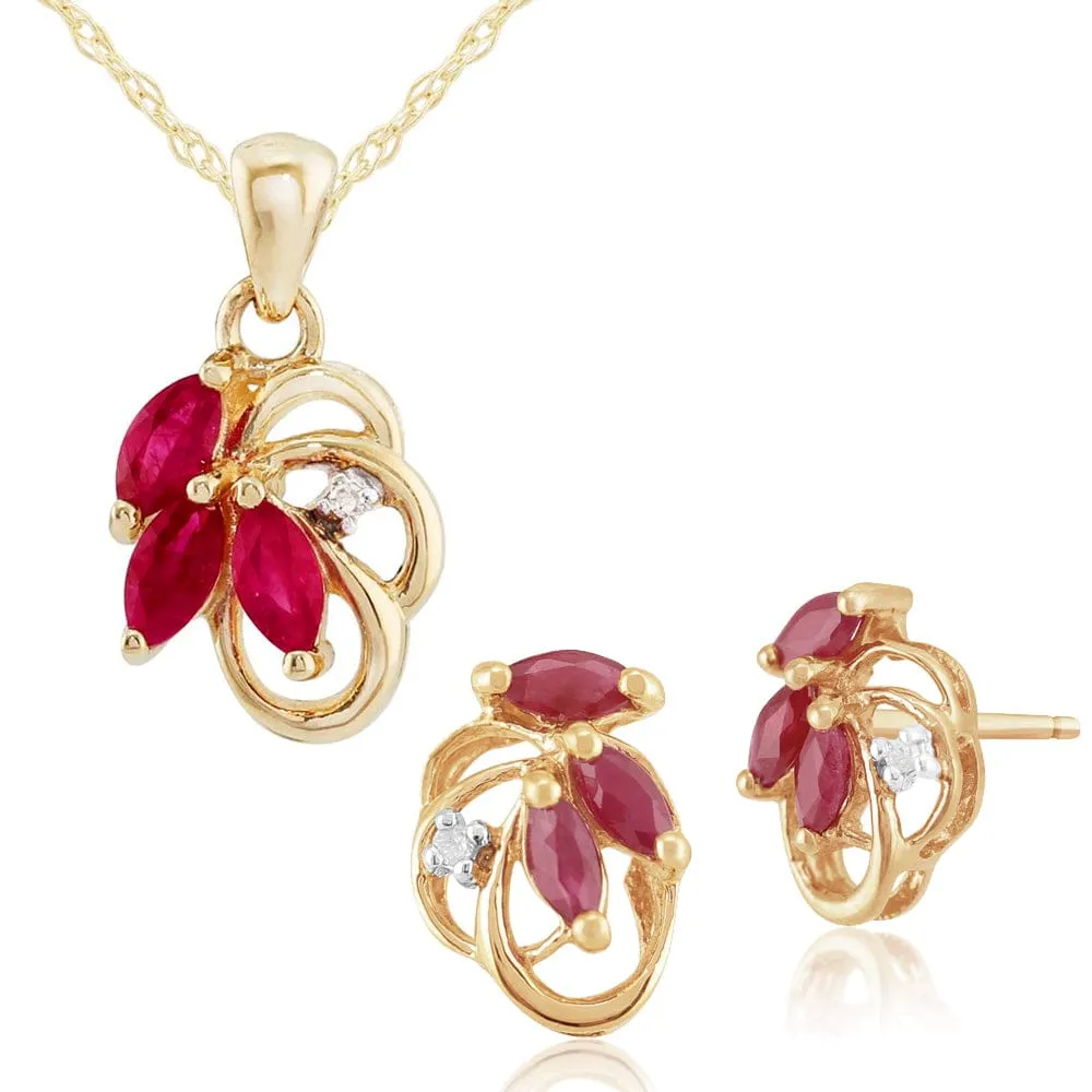 Art Nouveau Style Style Marquise Ruby & Diamond Leaf Stud Earrings & Pendant Set in 9ct Yellow Gold sold by Gemondo Jewellery