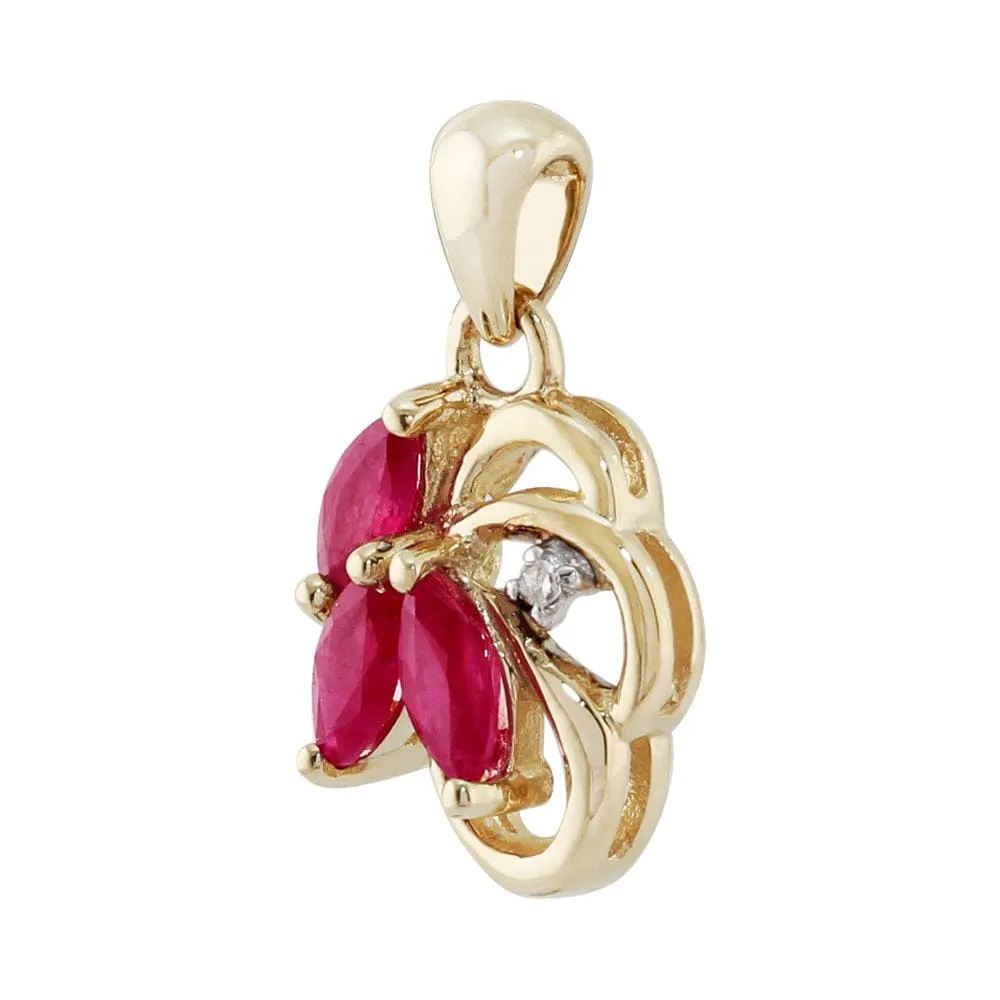 Art Nouveau Style Style Marquise Ruby & Diamond Leaf Stud Earrings & Pendant Set in 9ct Yellow Gold sold by Gemondo Jewellery product image thumbnail 5