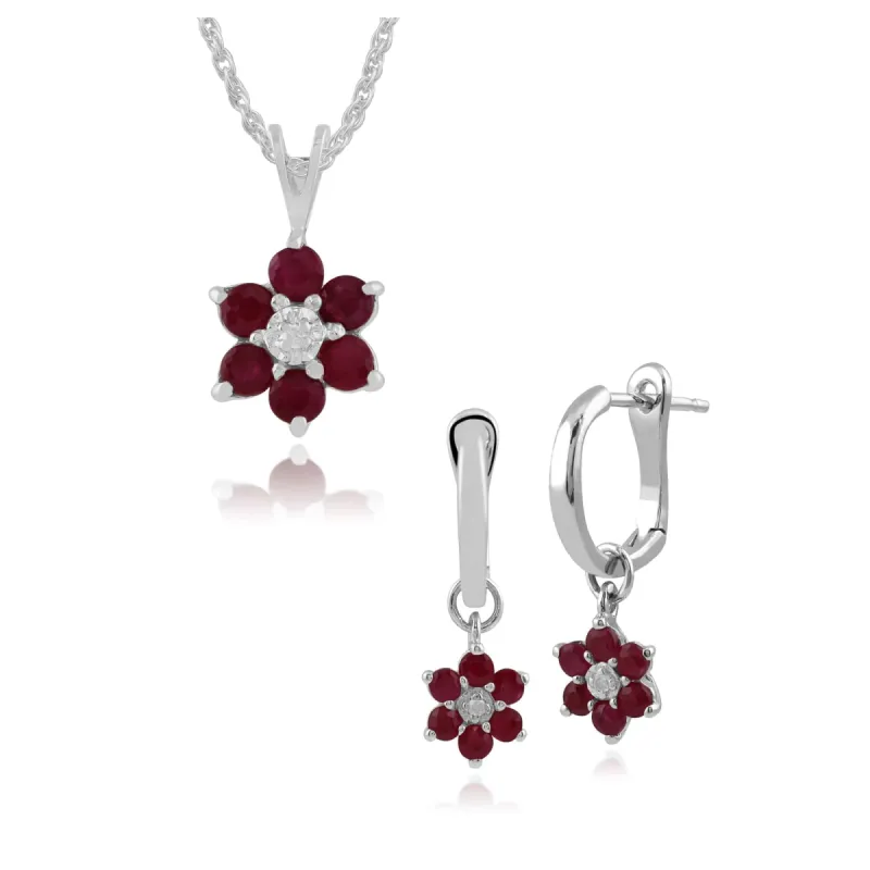 Floral Round Ruby & Diamond Flower Drop Earrings & Pendant Set in 9ct White Gold sold by Gemondo Jewellery