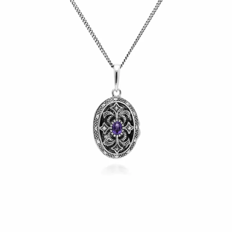 Art Nouveau Style Oval Amethyst & Marcasite Locket Necklace in 925 Sterling Silver sold by Gemondo Jewellery
