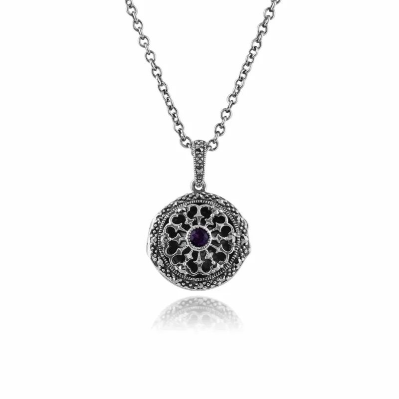 Art Nouveau Style Round Amethyst & Marcasite Locket on Chain in 925 Sterling Silver sold by Gemondo Jewellery