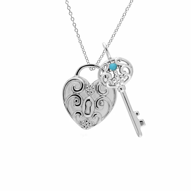 Classic Swirl Heart Lock Pendant & Turquoise Big Key Charm in 925 Sterling Silver sold by Gemondo Jewellery