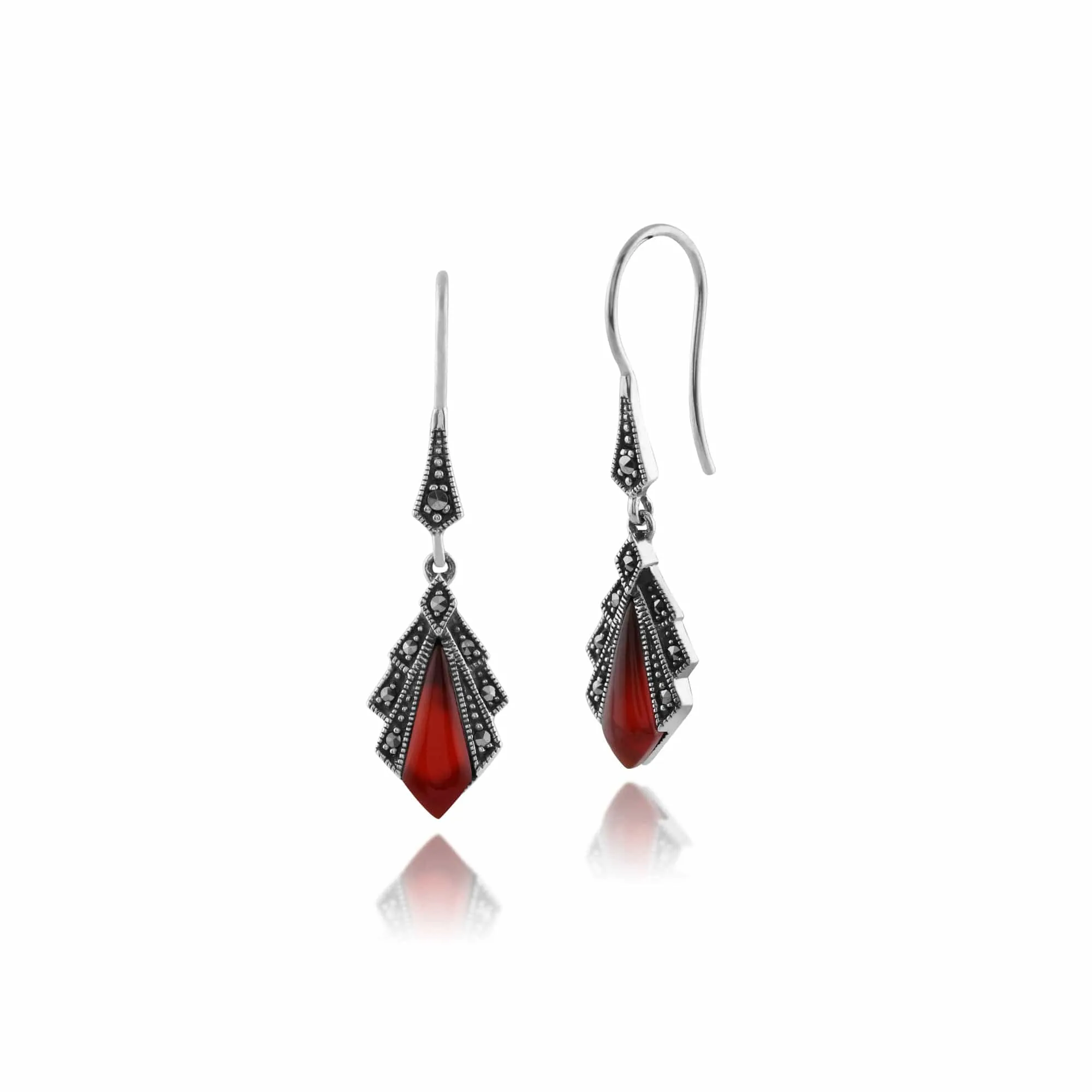 Art Deco Style Diamond Carnelian & Marcasite Drop Earrings In Sterling Silver sold by Gemondo Jewellery