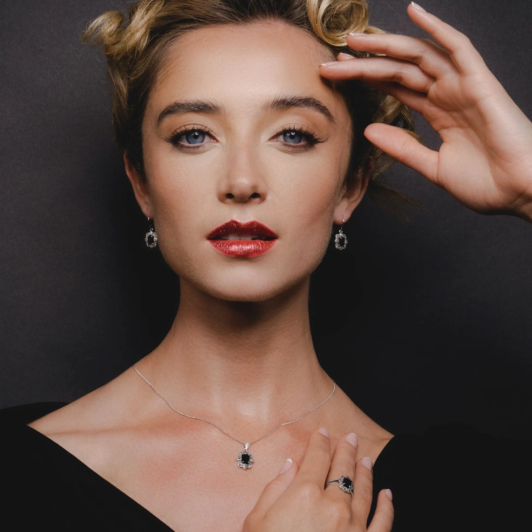 Art Deco Style Black Spinel & Marcasite Drop Earrings in Silver sold by Gemondo Jewellery product image thumbnail 2