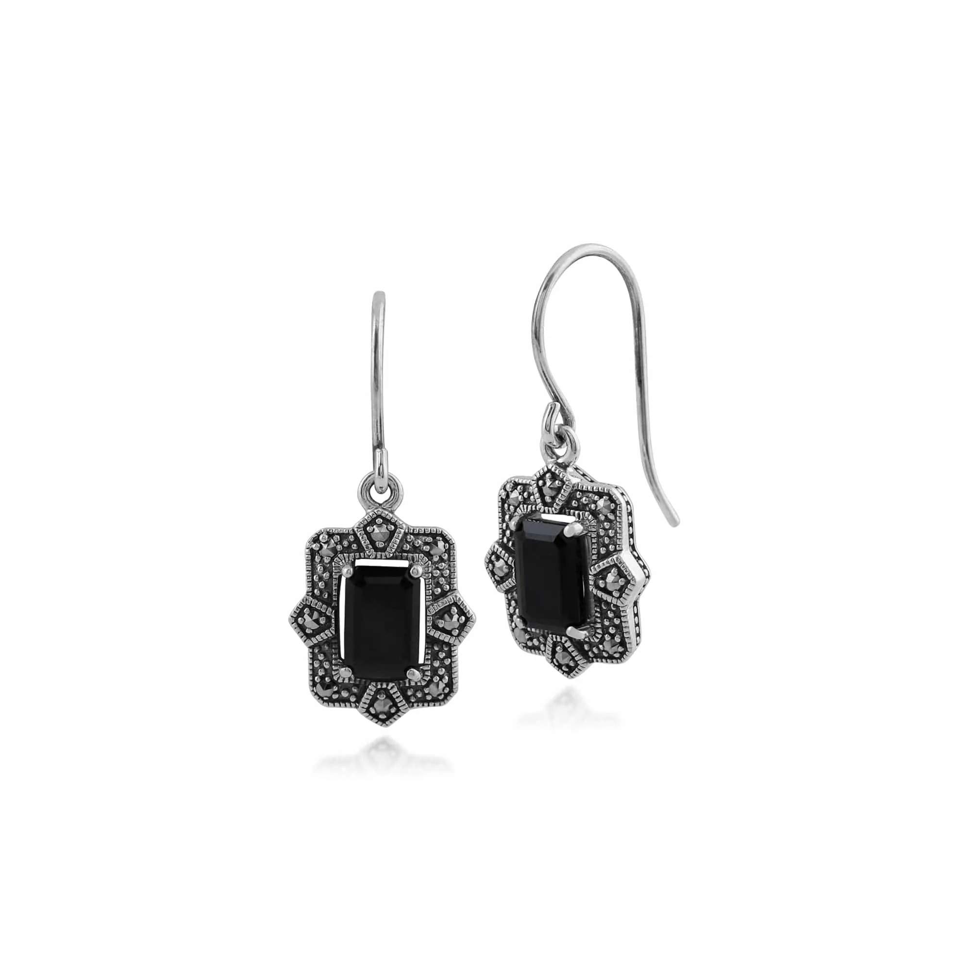 Art Deco Style Black Spinel & Marcasite Drop Earrings in Silver sold by Gemondo Jewellery