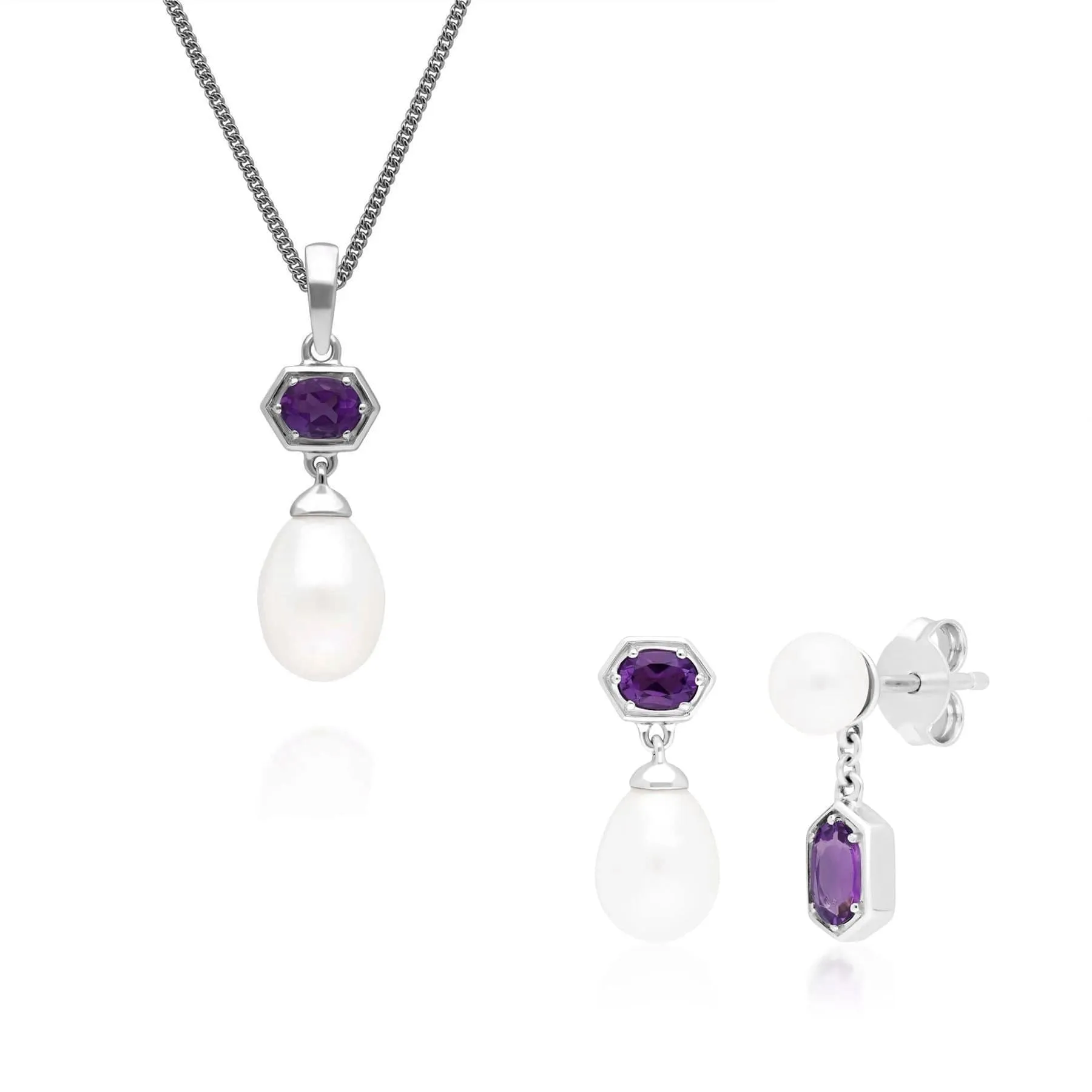 Modern Pearl & Amethyst Drop Earring & Pendant Set in Silver sold by Gemondo Jewellery