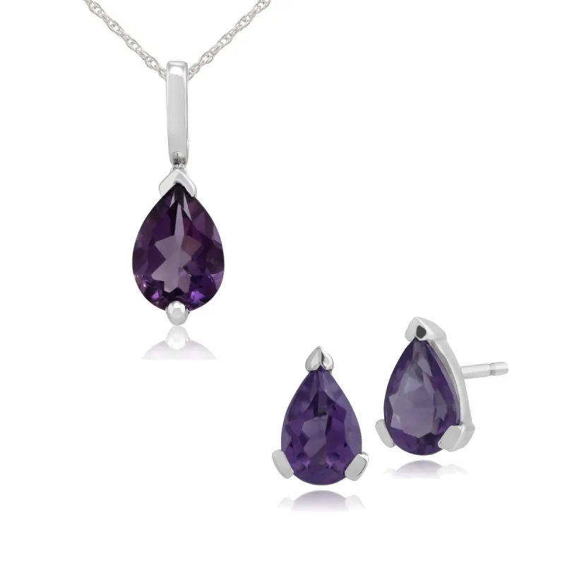 Classic Pear Amethyst Single Stone Stud Earrings & Pendant Set in 9ct White Gold sold by Gemondo Jewellery